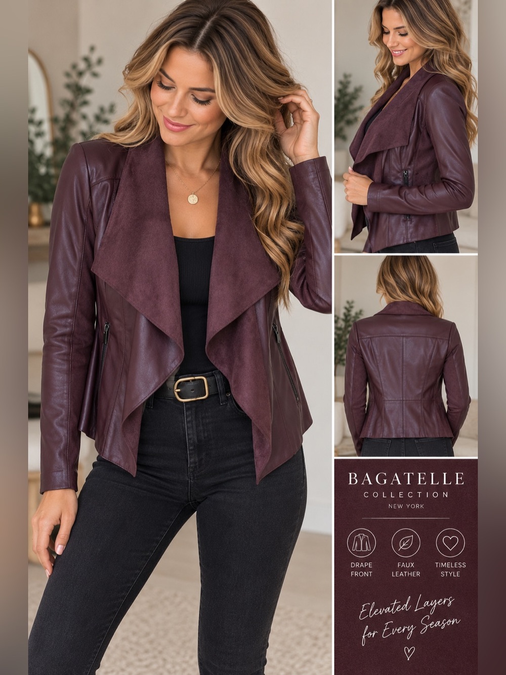 461 Bagatelle Collection XS Burgundy Faux Leather Drape Front Moto Jacket